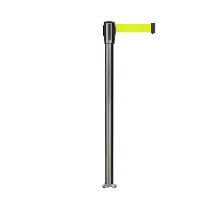 MONTOUR LINE Retractable Belt Fixed Stanchion, 2ft Sat.Steel Post  9ft. Fl.Yel Belt MX530F-SS-FYW-90